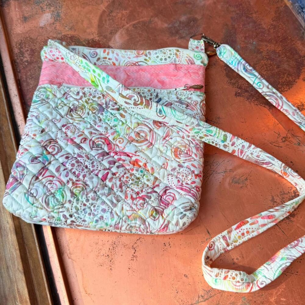 Quilted Crossbody Bag Floral Beach Themed Purse Cotton, Pink 11" x 9" Debra Jean